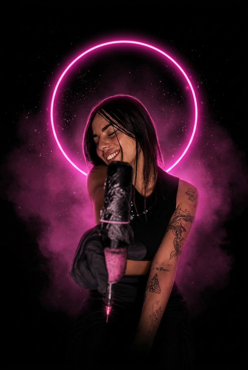 Yan, tattoo artist, holding her tattoo machine with a floating pink neon halo